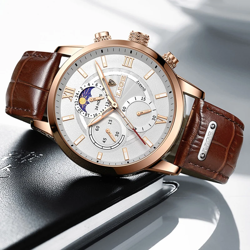 LIGE Fashion Brown Leather Watches For Men Casual Business Men Quartz Watch Waterproof Luminous 24 Hour Moon Phase Chronograph