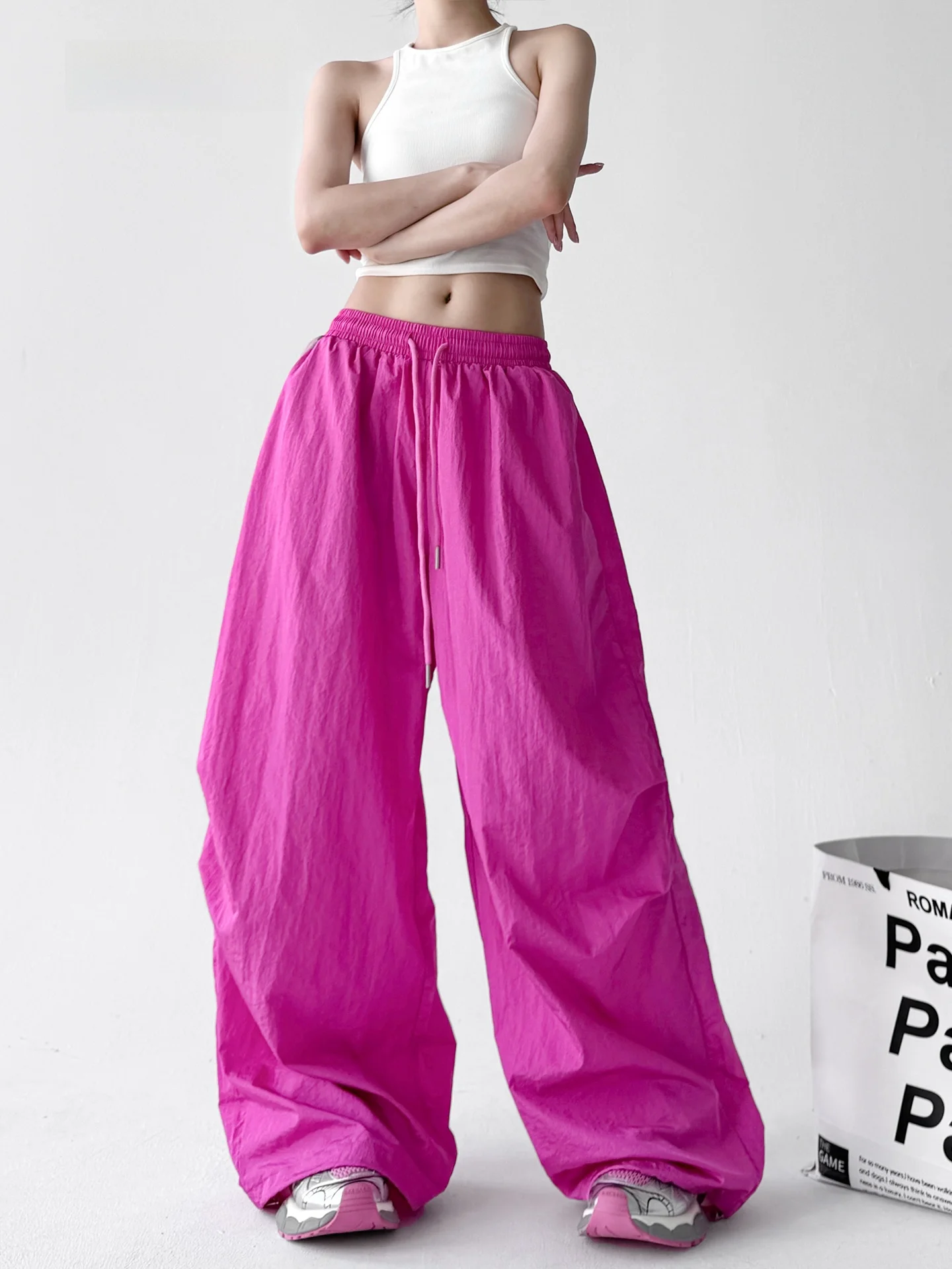 

Summer 2026 Women's Casual Pants Wide Leg Loose Fit Outdoor Hiking Pink Color High Waist Polyester Fiber Commute Style
