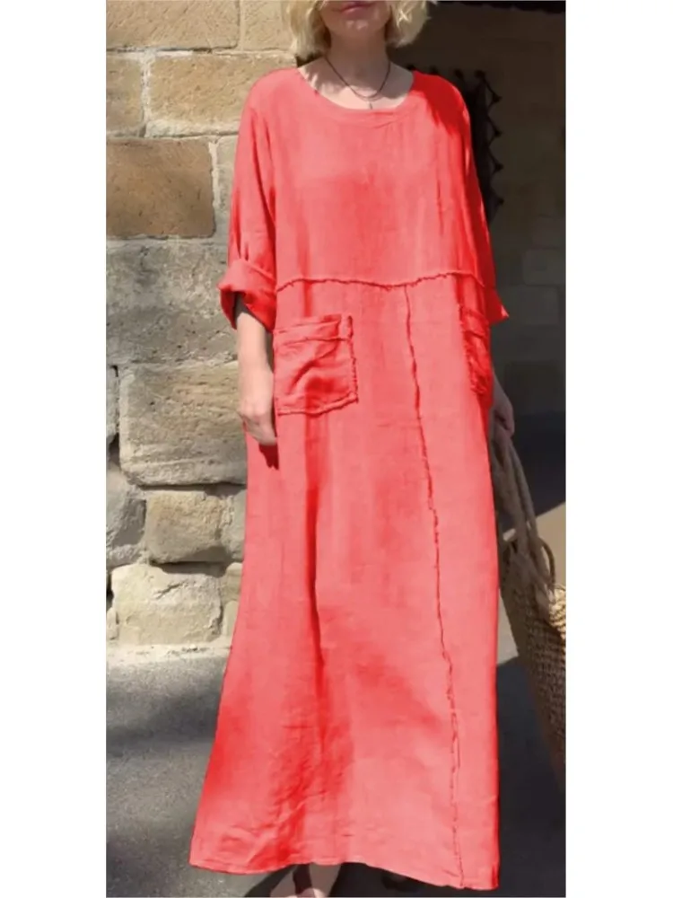 Summer Casual Loose Long Dresses Simple Pocket Cotton Linen Dress Women Casual Solid Color Round Neck Big Hem Boho Dress Female