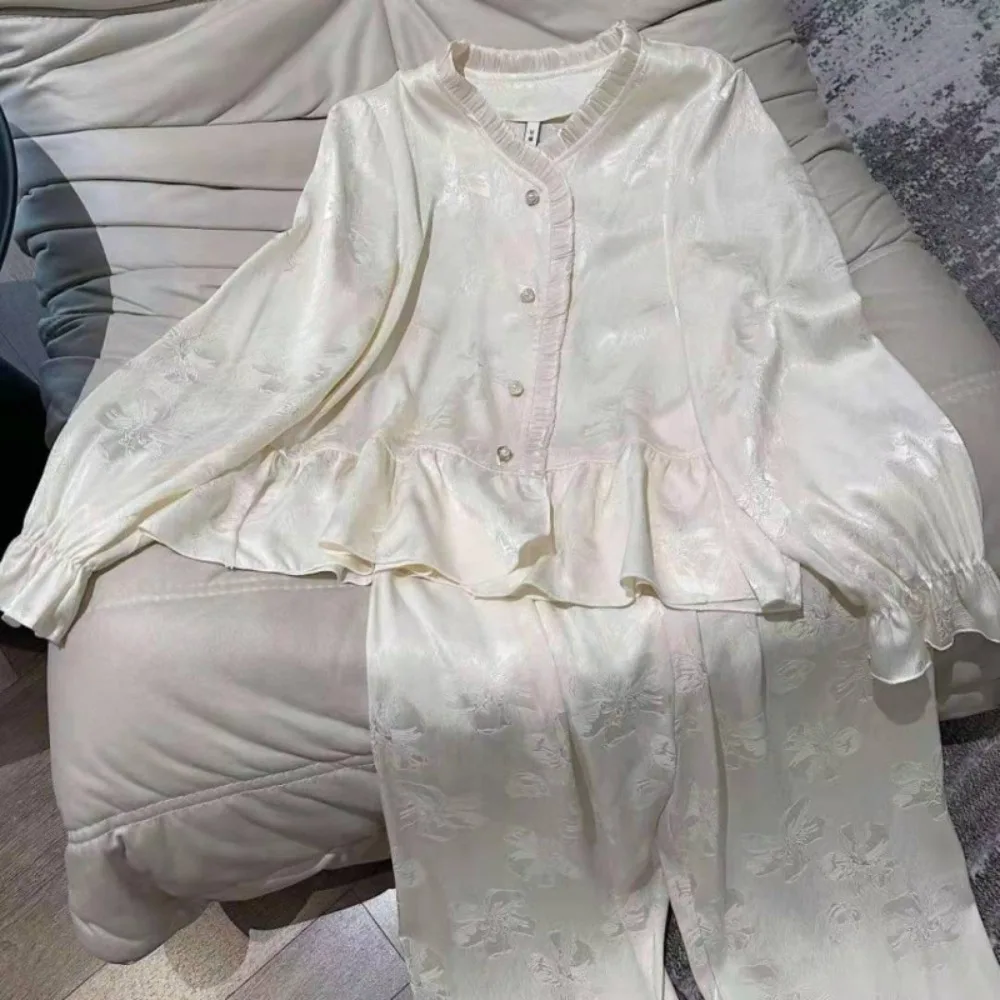 Ice Silk New Autumn Sleepwear Woman Nightwear Hot-selling Loungewear Printed Long Sleeve Pajamas Set Two-piece Home Wear Pijama