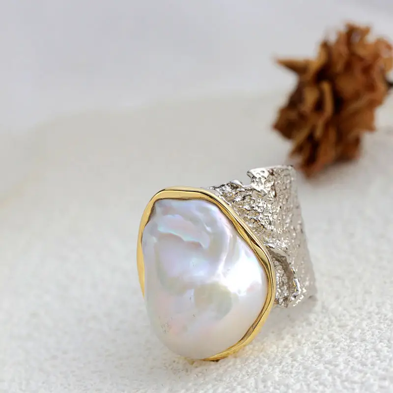 

Authentic 925 Sterling Silver Ring Inlaid Natural Baroque Freshwater Pearl Vintage Open Ring Fashion High Quality Jewelry Gift