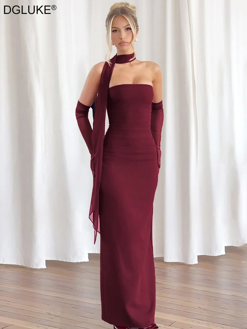 Dgluke elegante sem alças maxi vestidos mulher 2025 novo ruched bodycon sem costas vestido longo borgonha vestido de baile de noite com luvas