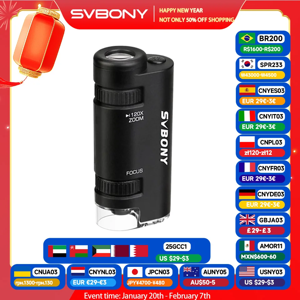 SVBONY SV603 Pocket Microscope 60x-120x Stepless Zoom One-key Light Start Portable Handheld Microscope for KIDS outdoor