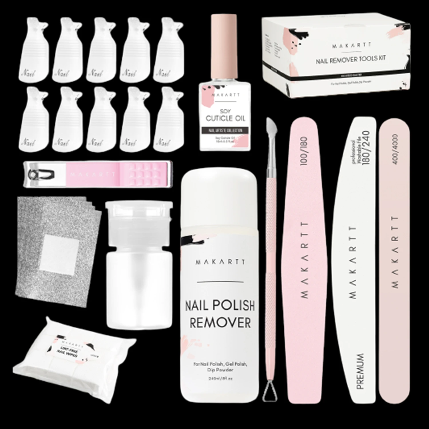 Gel Nail Polish Removers Kit, Makartt Cuticle Oil and Pusher, Lint Free Nail Wipes, Foil Wraps, Pump Dispenser, Nail Clips