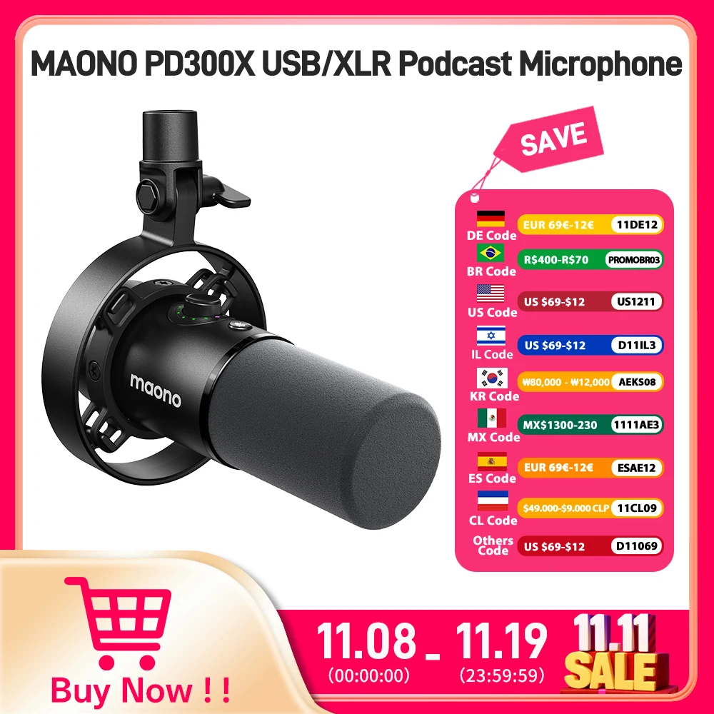 ميكروفون Maono PD300X ديناميكي XLR USB بودكاست تسجيل ميكروفون 192 كيلو هرتز 24 بت لإنشاء المحتوى استوديو الصوت المنزلي للحد من الضوضاء
