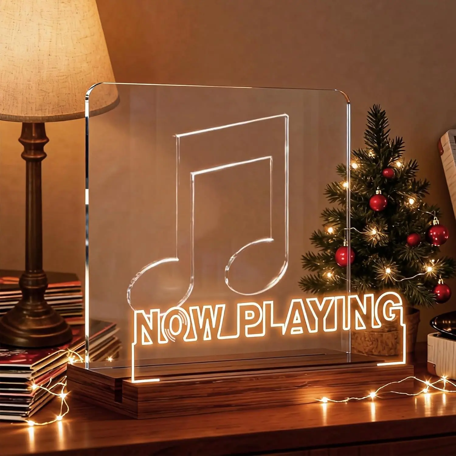 

Adjustable Brightness Vinyl Record Stand, 5mm Acrylic & Wood Base Holder for 12" Records, Music Lover Gift