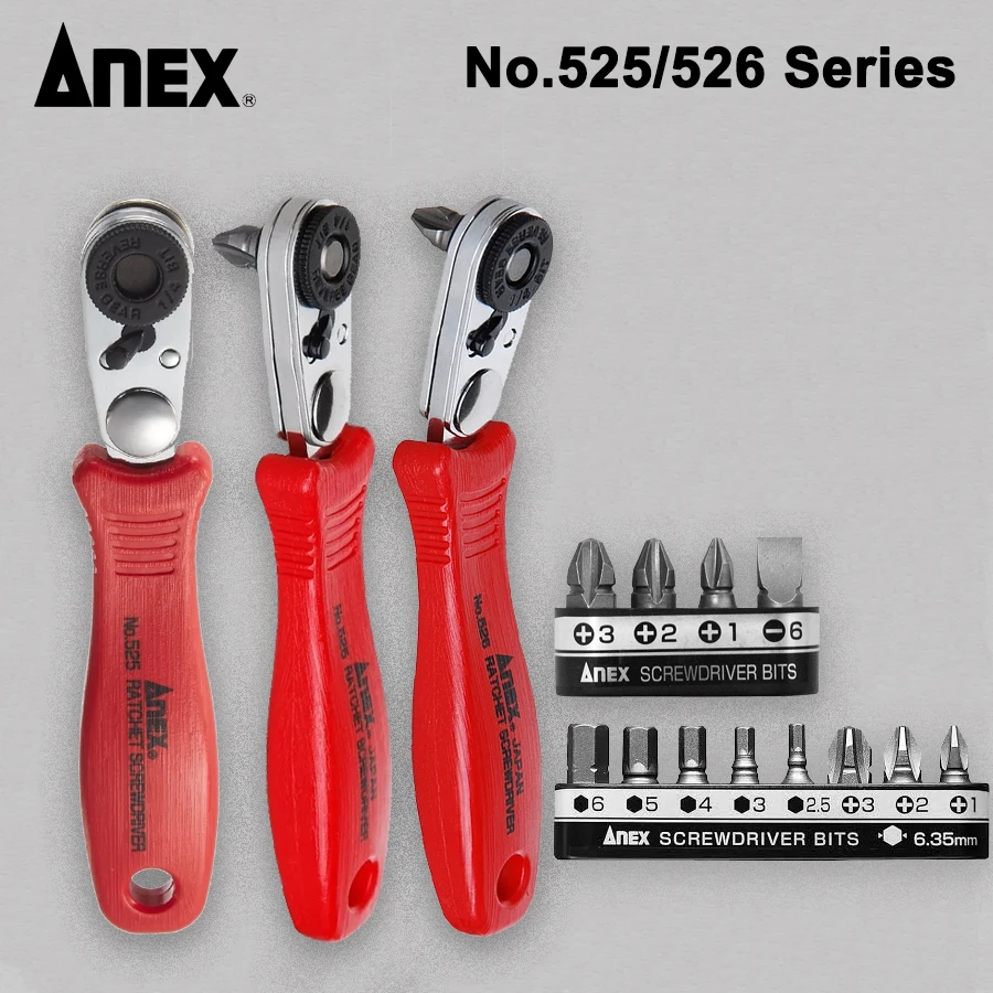 ANEX Ratchet Screwdriver Set with Bit Set for Phllips Slotted Hex Screws No.525 525-5B 526/AK-51P-B4 B8H