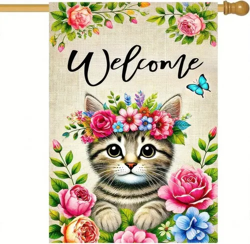 Spring Summer Garden Flag Double Sided Floral Crown Cat Garden Flag for, 12x18 XXQ