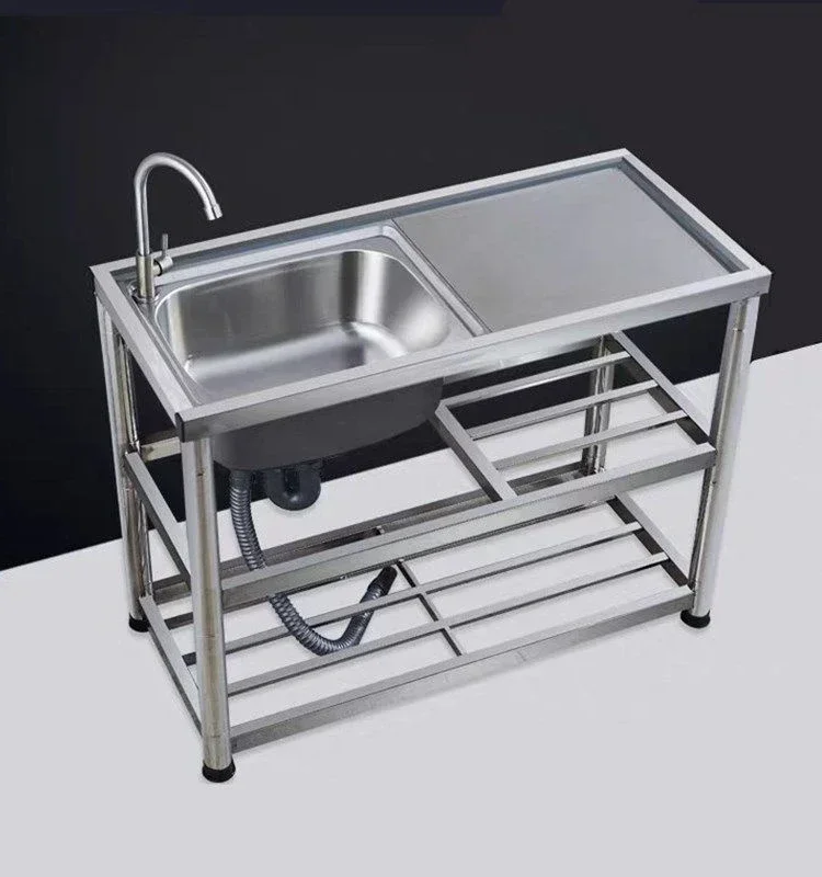 Kitchen Stainless Steel Washbasin Single-basin Sink Household Sink Sink Reinforcement Press Plate Platform with Floor Support