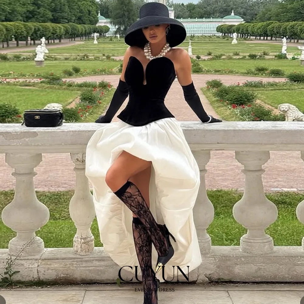

CUYUN Sexy French Women Prom Dresses Strapless Black and Cream Hi-Lo Party Dresses Customized Chic Evening Gown Banquet Wear