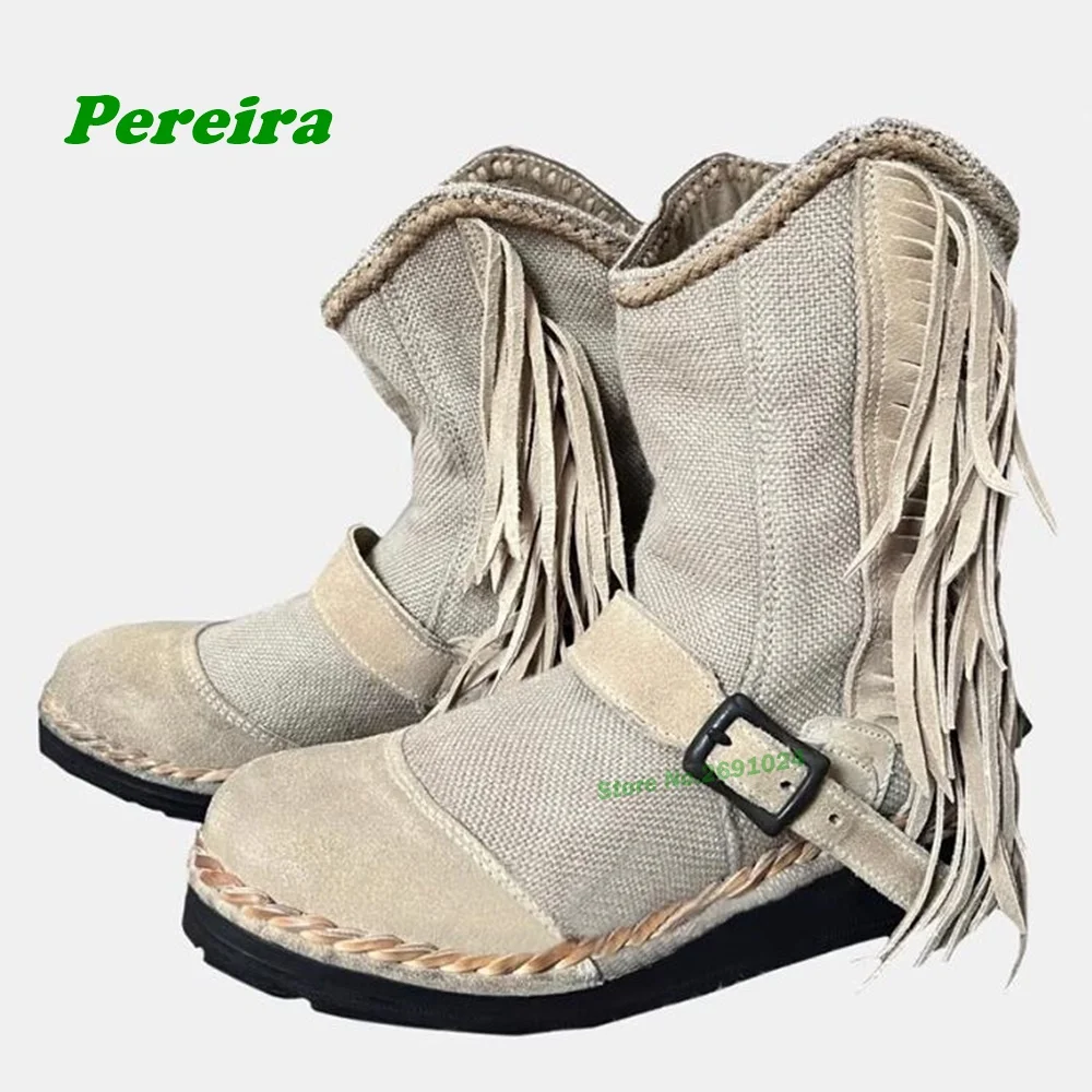 

Ethnic Style Fringe Flat Canvas Boots Round Toe Wasteland Styles Back Zipper Buckles Mid-Calf Boots Women's Winter Casual Shoes