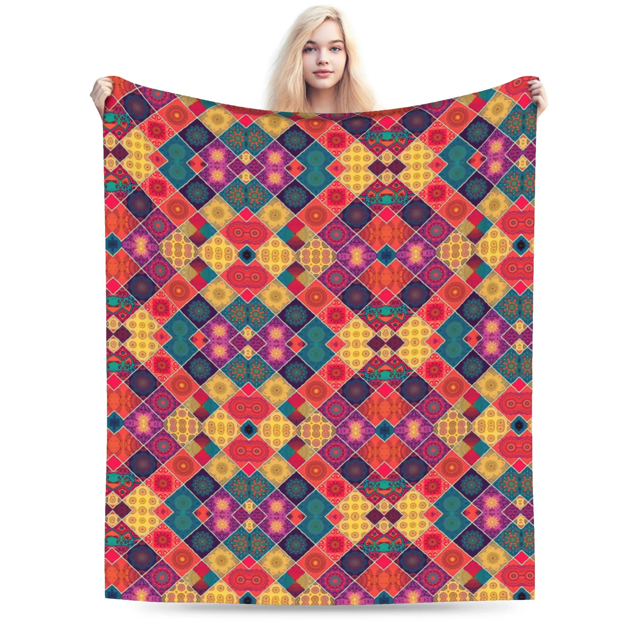 Custom Colorful Boho Mandala Blanket Warm Fleece Soft Flannel  Throw Blankets for Bed Sofa Travel Autumn