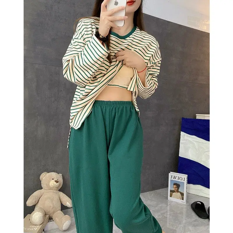 Damen-Herbst-Pyjama mit Brustpolstern, gestreift, langärmelig, Übergröße, O-Ausschnitt, schlicht, lässig, modisch, koreanischer Schulpyjama, Homewear – Detail 9
