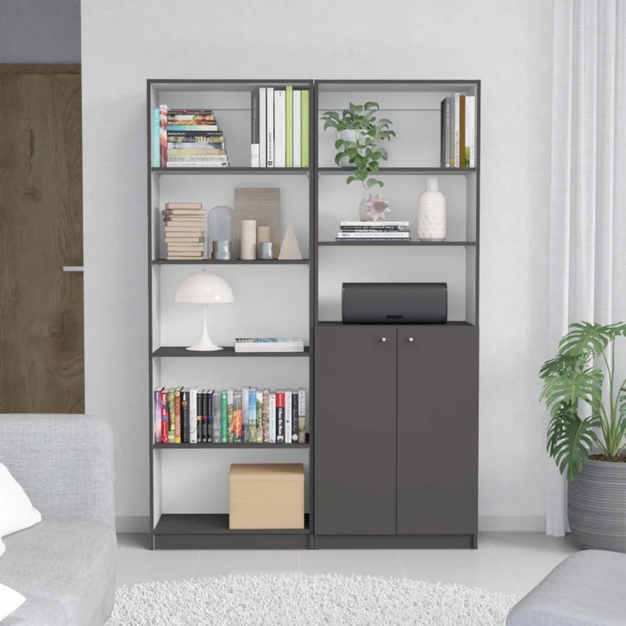

Layton 2 Piece Home Bookcase set 49 Wide with 8 Shelves and Double Door Cabinet Living Room Set Matte Gray White