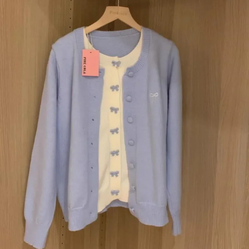 Faux pull tricoté rétro deux pièces pour femme, manteau avec nœud doux, Style Mori doux et frais, automne hiver