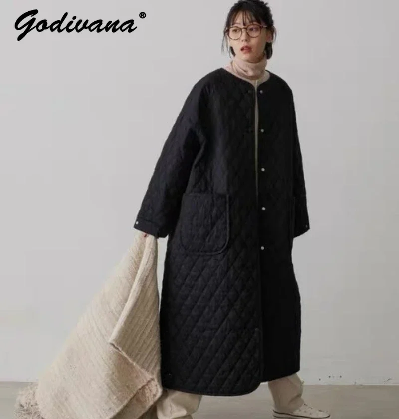 Elegant Design Lightweight Crew Neck Long Parkas Coat Autumn Winter Solid Color Quilted Rhombus Oversized Mid-Length Coat