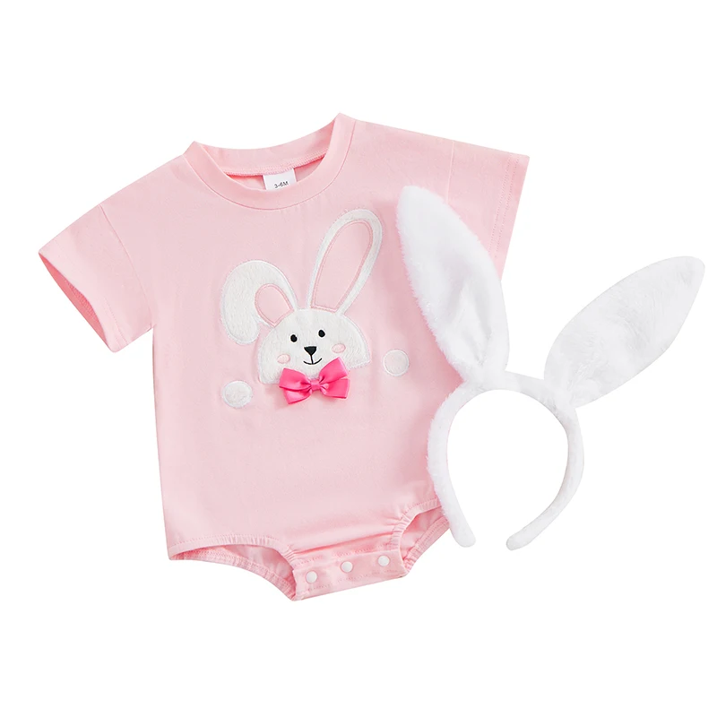 

Infant Baby Boy Girl Romper Easter Outfit Bunny Short Sleeve Romper Bodysuit Bunny Ears Headband Clothes Set