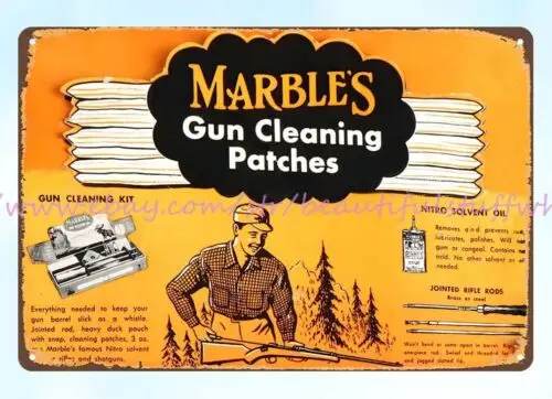 Marbles Gun cleaning patches hunter shotgun metal tin sign kitchen garden plaque