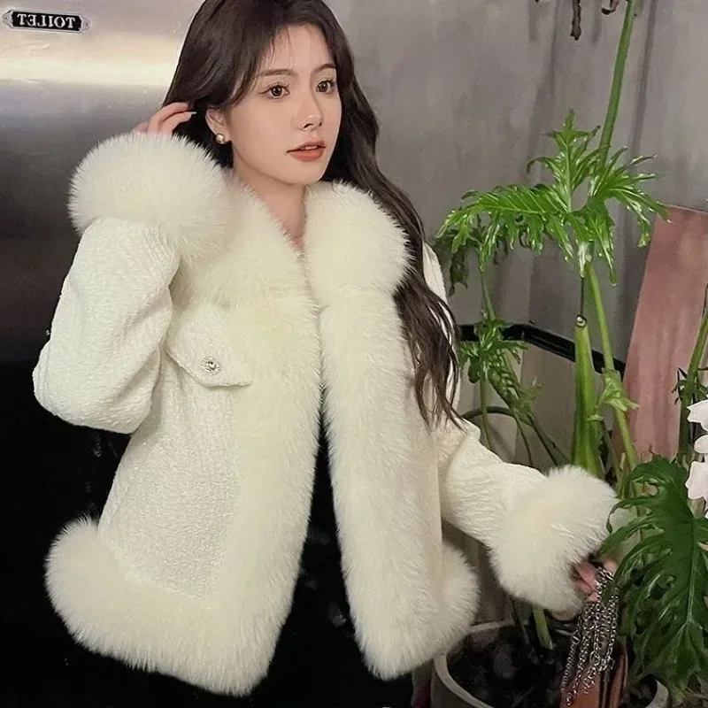 Winter New Women Imitation Fox Fur Coat Female Casual Warm Woolen Outwear Fashion Patchwork Wool Slim Fit Short Jacket