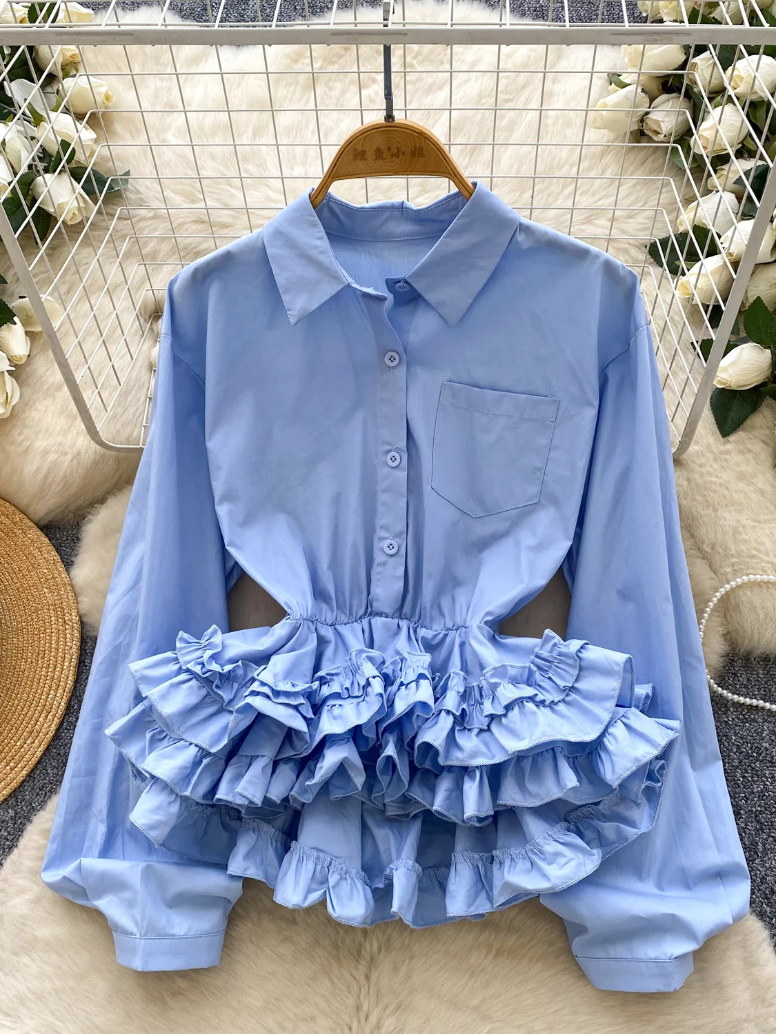 

Women's Autumn Shirt French High-end 3D Single Breast turn-down collar Tiered Lotus Short Chic Top Female Blouse BL284