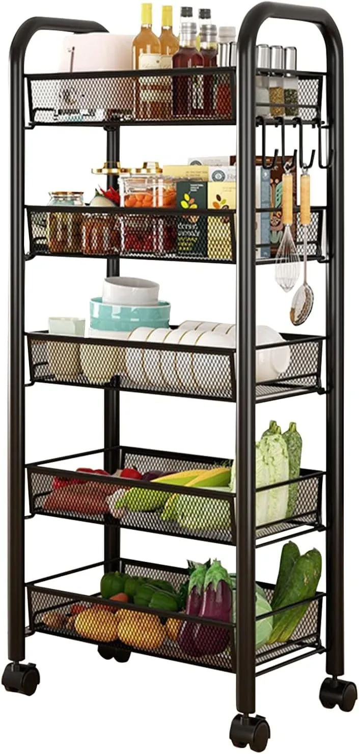 

Metal Basket with Wheel 5 Tier Kitchen Storage Fruit Vegetable Trolley Cart
