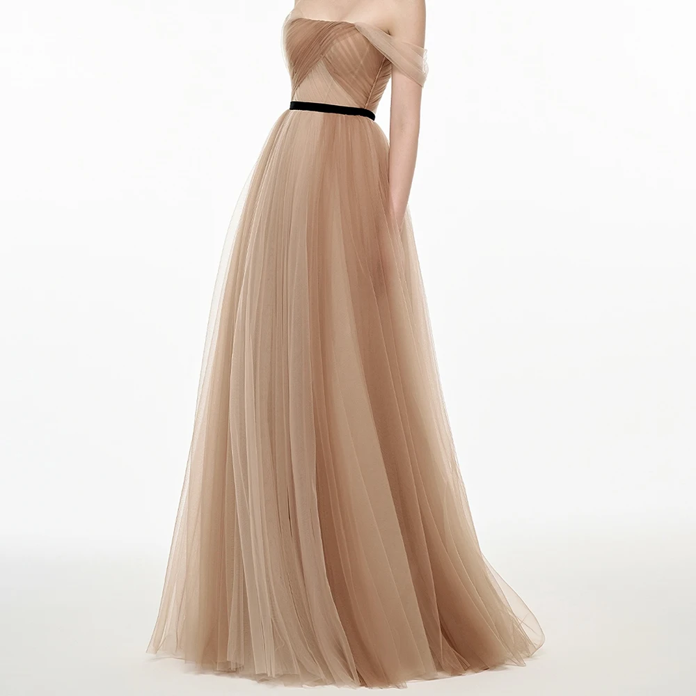 

Customized A-line Evening Dresses Off The Shoulder Sleeveless Prom Gown Simple Fashion Draped Backless Casual Party Gown