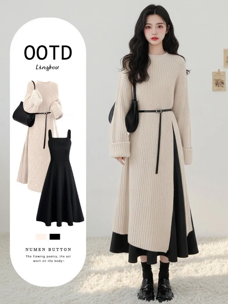 

Осенне-зимний вязаный свитер и комплект из двух предметов: женский антивозрастной повседневный костюм с эффектом утягивания талии