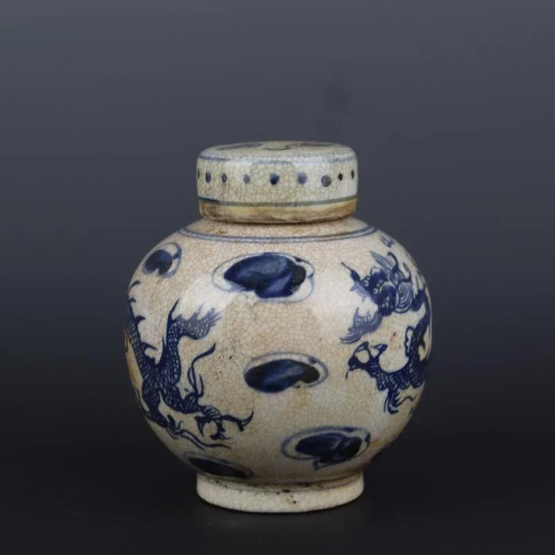 Chinese Yuan Blue and White Porcelain Dragon Pattern Pot Tea Caddy 5.51 inch