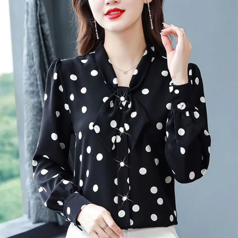 Summer Fashion Polka Dot Long Sleeve V-neck Chiffon Blouse Ladies 2024 New Spring Printing Office Lady Bow Buttons Women Shirts