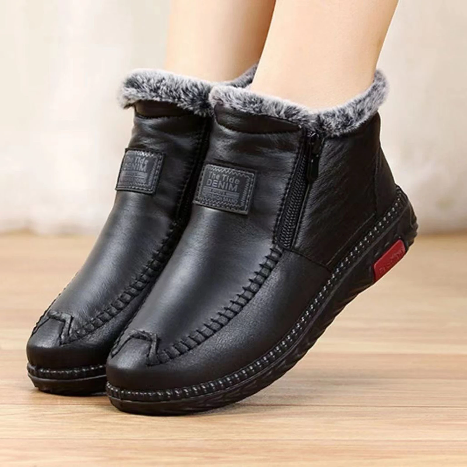 Women\'s Casual Snow Boots Plus Size Flat Booties with Thick Fleece for Jeans Trench Coat Calf Pants