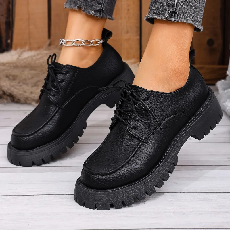 

Plus Size Women's Thick-soled Casual Shoes Round Head Spring and Autumn New Black Small Leather Shoes British Style Versatile