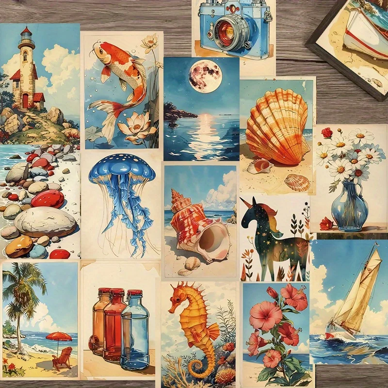 20PCS Retro Nostalgic Style Sunshine Beach Scenery Postcards, Afternoon Tea Time Art Posters Cardboard Postcards