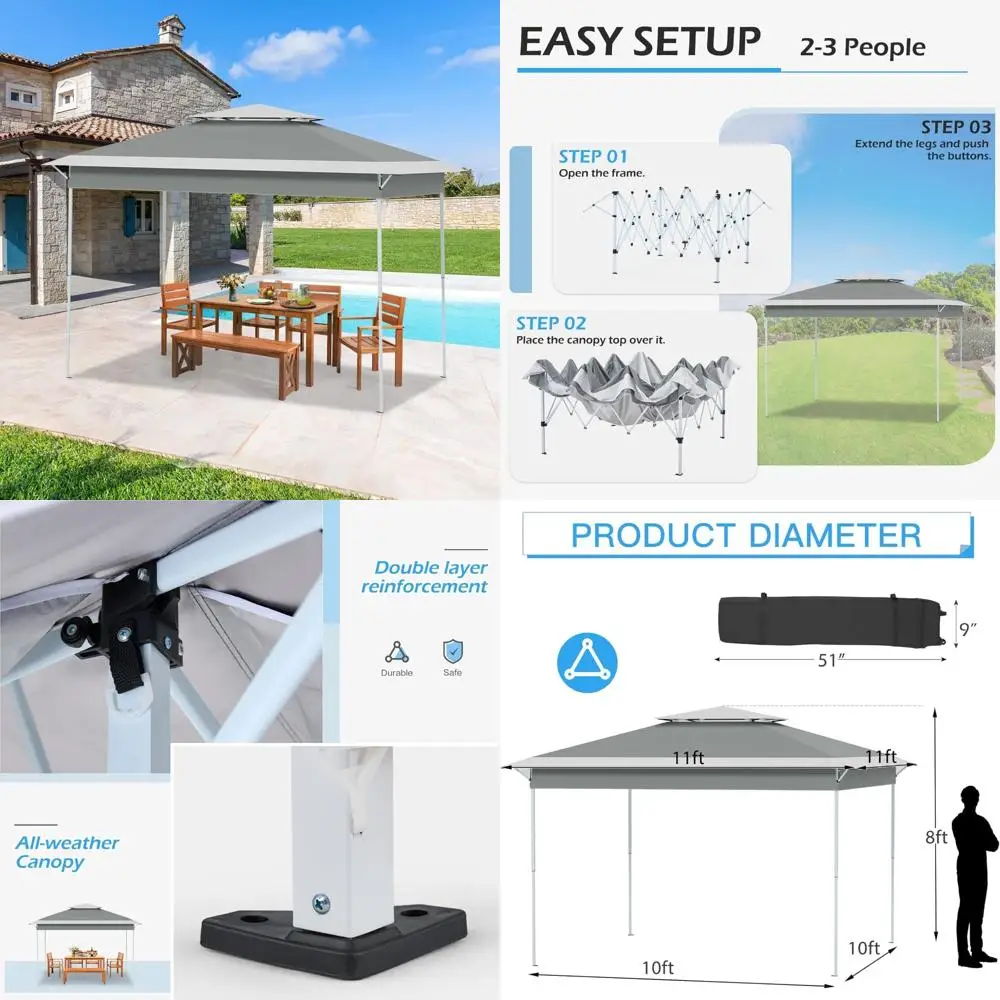 

Всплывающая палатка с навесом 11x11 футов с водонепроницаемой и защитой от ультрафиолета, портативное укрытие для беседки на открытом воздухе для патио и вечеринок