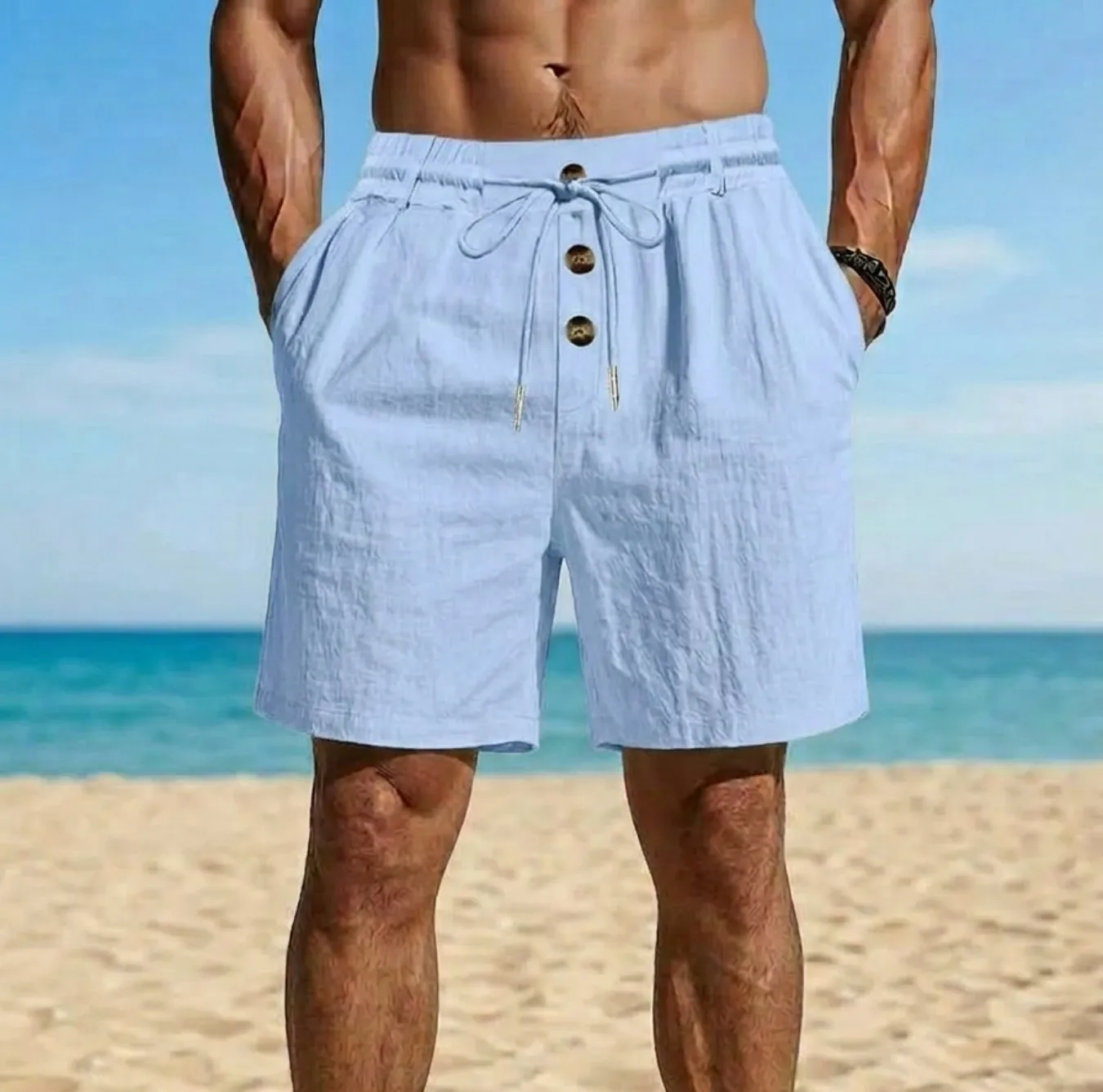 

Vintage Button Lace-up Loose Shorts Men 2026 Spring Summer Vacation Beach Linen Shorts Mens Casual Solid Color Breathable Shorts