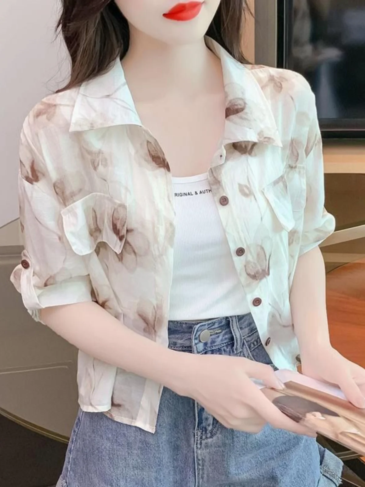 

Summer Lightweight Printed Collar Short Sleeve Women's Open Cardigan Sun Protection Shirt Air Conditioned Top