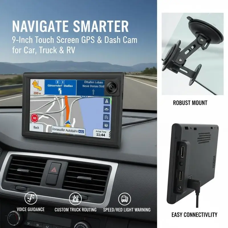 Automotive Navigation Device 9 Inch For Car Truck RV, Integrated Dashboard Camera Voice Directional Guidance Speed Limit Alert Customized Route 16GB Touchscreen Display