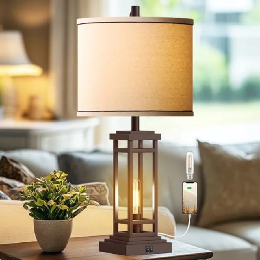 

27.5 Tall Farmhouse Table Lamp with USB C + USB A Charge Ports, Rustic Living Room Lamp, Industrial End Table Lamp for Bedroom