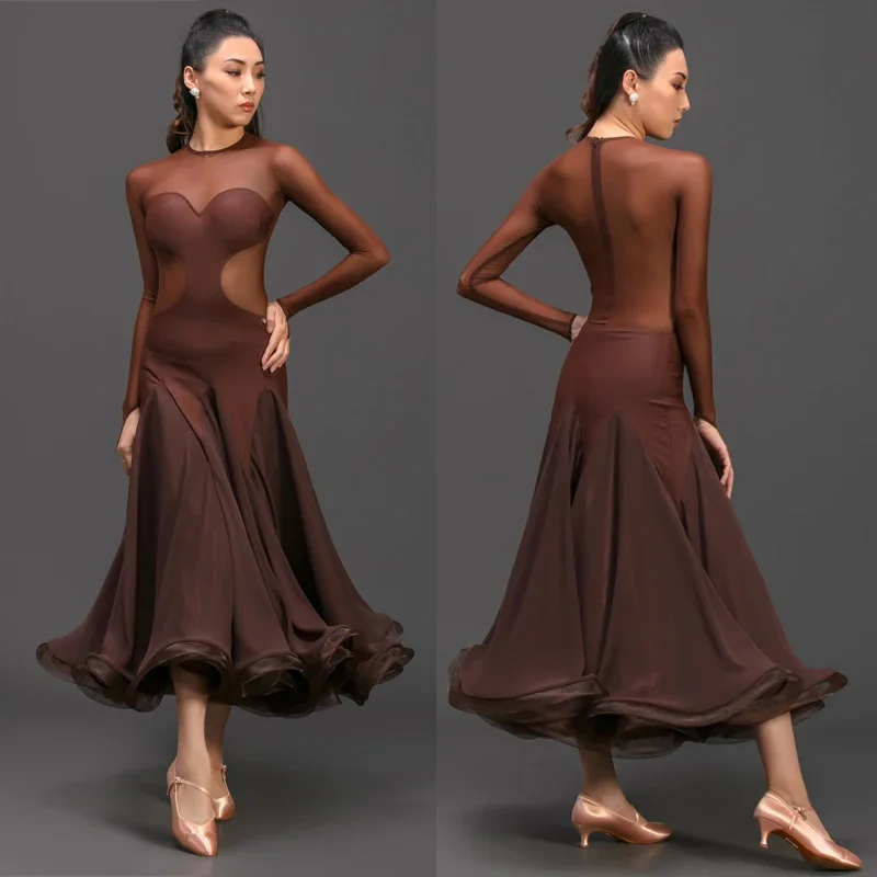 

2022 Women Mesh Latin Dance Dress National Standard Modern Dance Dresses Practice Clothes Ballroom Performance Dancewear SL7033