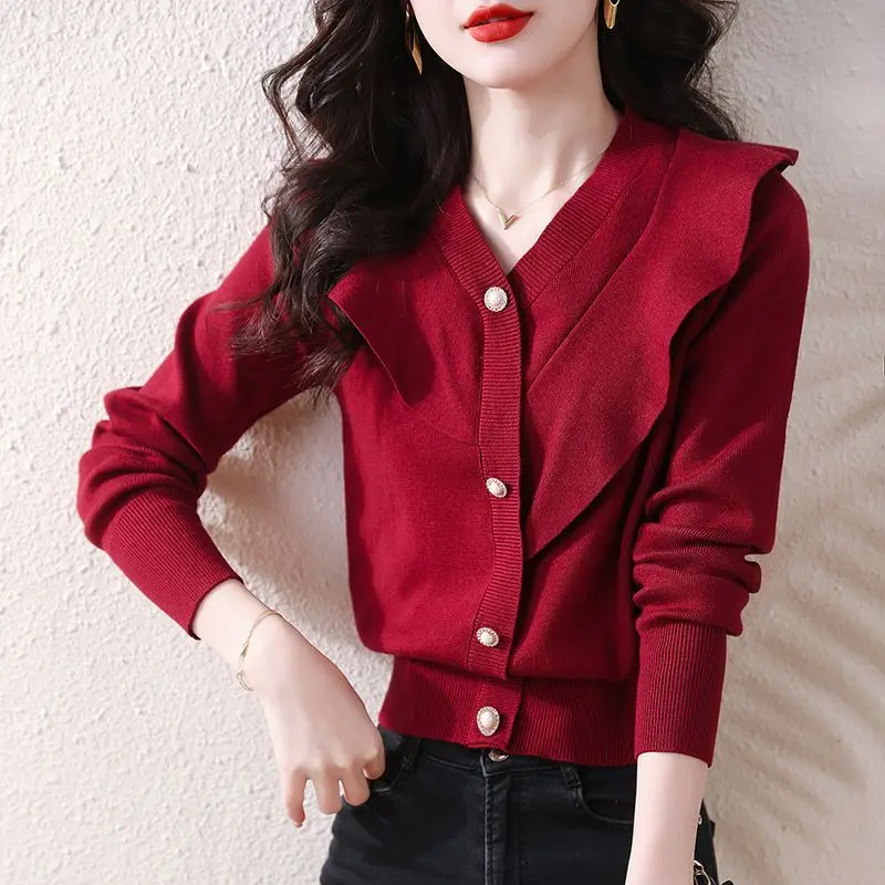 Camisa elegante con cuello en V y botones para mujer, camisa con volantes empalmados de Color sólido, ropa informal holgada, blusas que combinan con todo, otoño e invierno, 2023