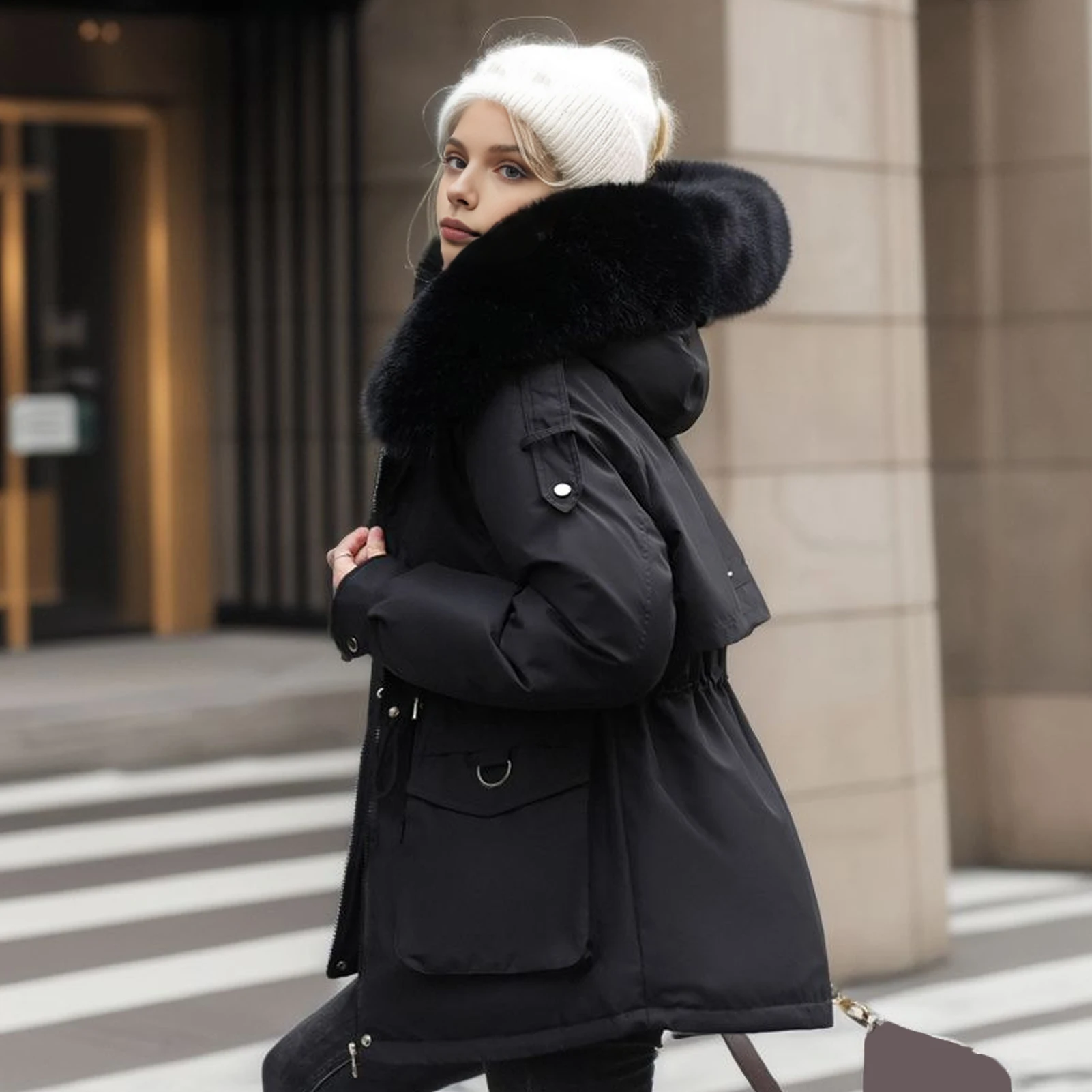 

Women Down Cotton Jacket Stylish Women's Winter Coat with Plush Furry Hood Drawstring Waist Windproof Design Mid Length for Cold