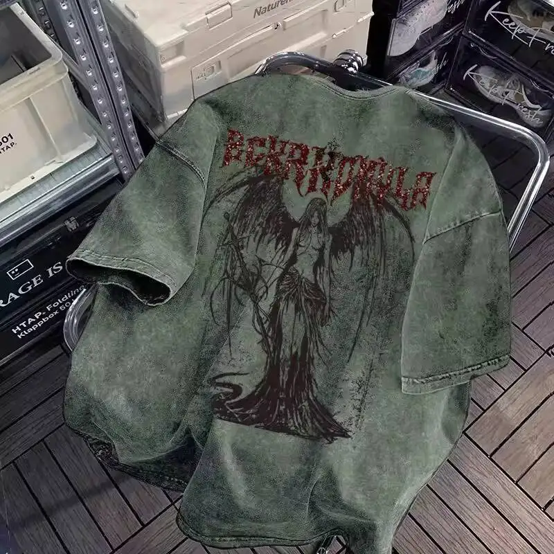 

2026 New Summer Unisex Plus Size Dark Angel Print T Shirt High Street Vibes Washed Vintage Casual Short Sleeve Tops