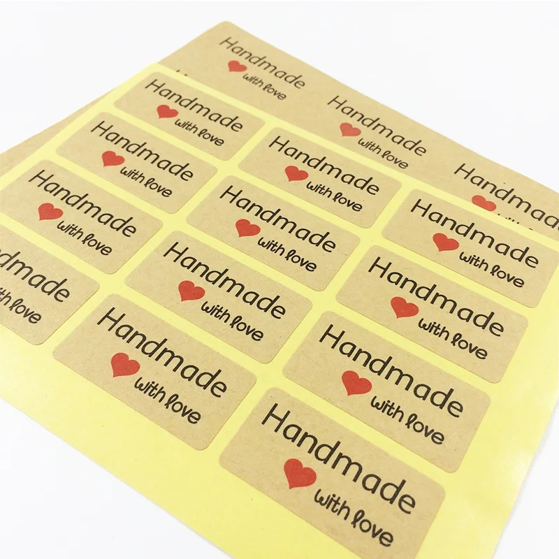 120pcs/pack Hand Writting 'Handmade With Love' Red Heart Kraft Paper Labels Envelopes Stickers DIY Gift Packaging Seal Sticker