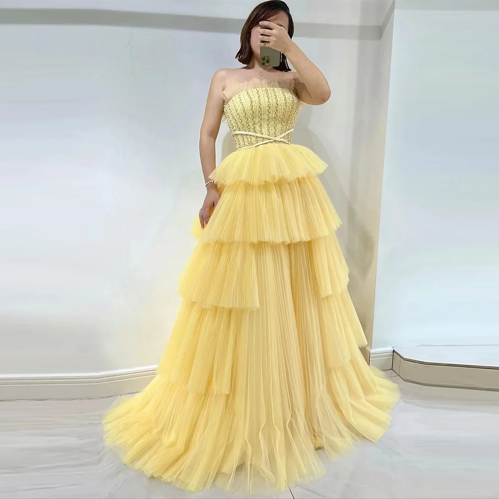 

Customized A-Line Strapless Evening Dress Exquisite Sleeveless Tulle Sweep Train Party Dresses Fashion Crystal Party Dress