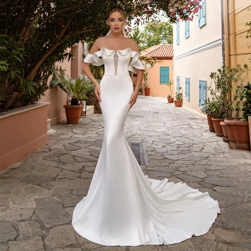 

Sexy Mermaid Wedding Dress Modern Satin Bridal Gown Off Shoulder Sheath Dress Backless With Long Train Vestidos De Novia