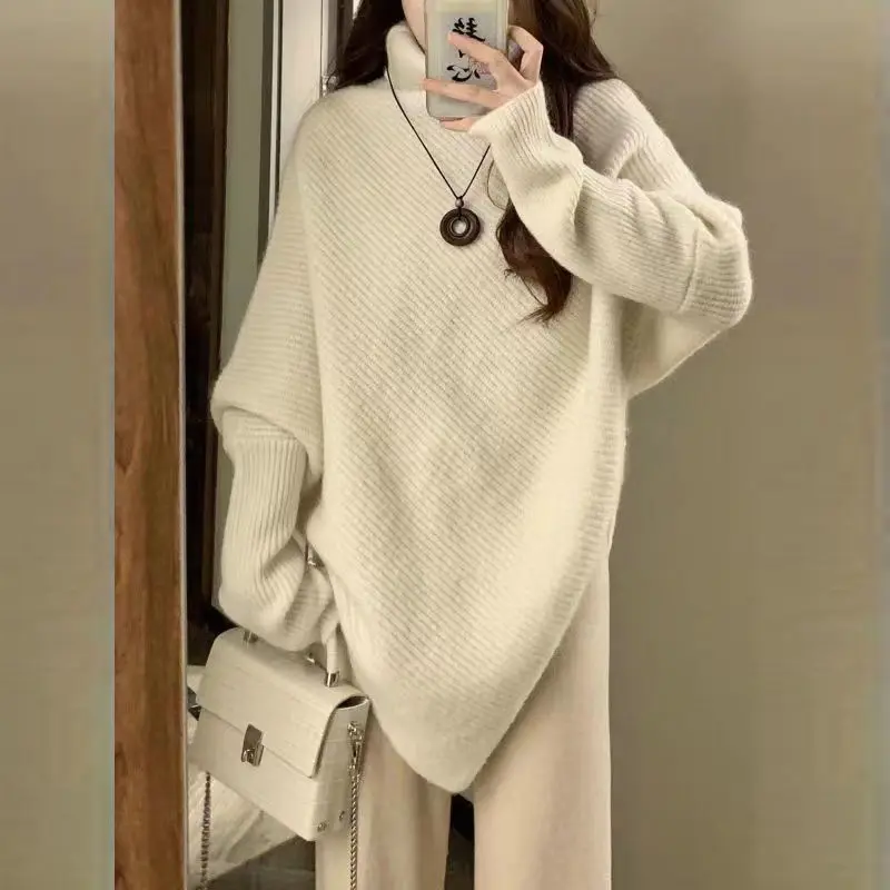 

2022 Autumn Winter Korean Fashion Irregular Turtleneck Solid Oversized Knitted Sweaters Women Solid Long Sleeve Pullovers Jumper