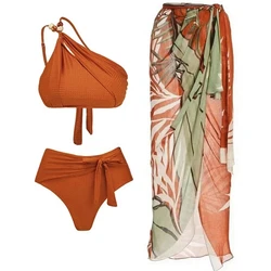 3-Piece Bikini Set 2026 Women One Shoulder Swimsuit With Beach Dress High Waist Swimwear Female Bathing Swimming Suit Beachwear