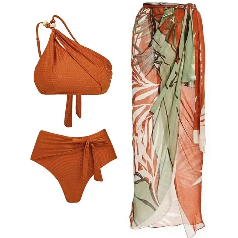 3-częściowy zestaw bikini 2026 damski strój kąpielowy na jedno ramię z sukienką plażową, strój kąpielowy z wysokim stanem, damski strój do pływania, odzież plażowa