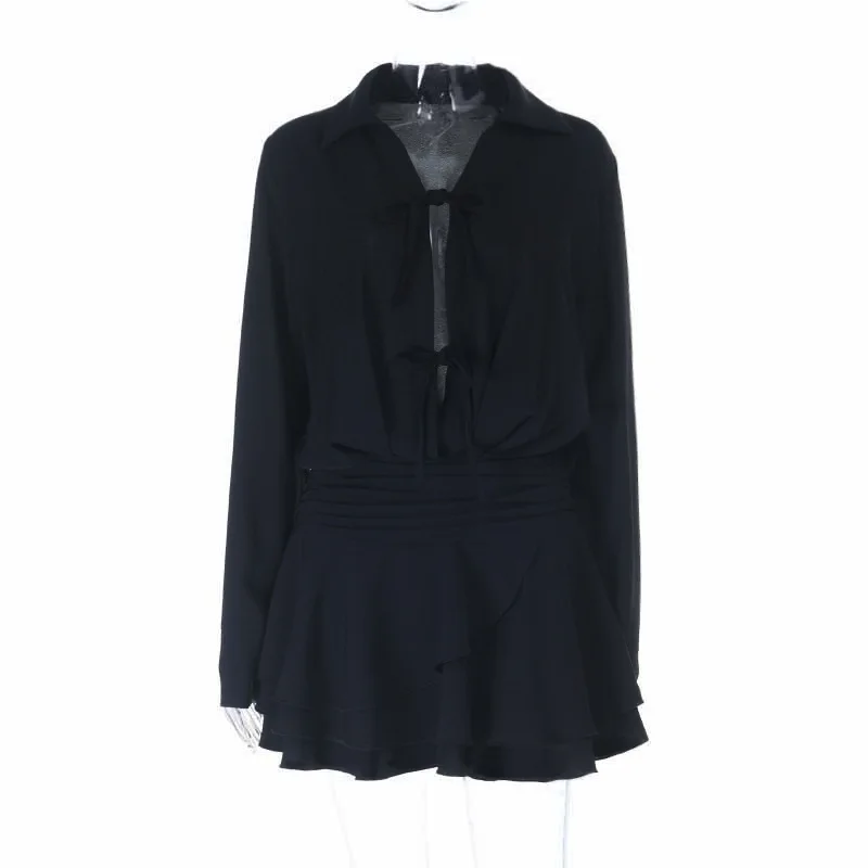 Women Fashion Solid Ruffles Mini Shirt Dress Turn Down Collar Long Sleeve Bow Tie Hollow Out Casual Streetwear Holiday Outfits