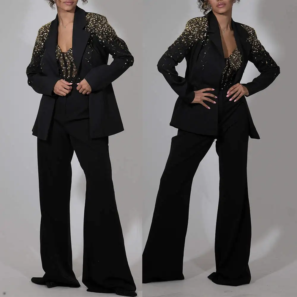 Conjuntos de boda con cuentas doradas para mujer, trajes de pantalones formales de cristal negro hechos a medida, fiesta de cumpleaños, ropa de invitados de noche, 3 piezas