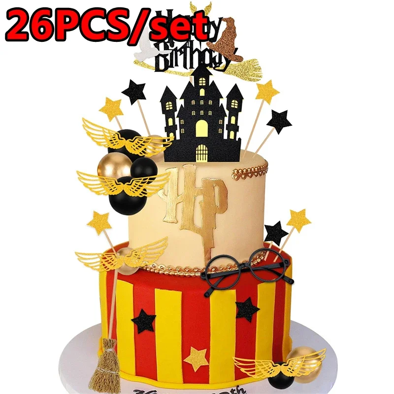 قلعة سوداء لامعة وكرات علوية للكعك ، ديكور كعكة ساحر ذات طابع خاص ، دش استحمام للأطفال ، ديكور حفلة عيد ميلاد ، 26 * ، طقم